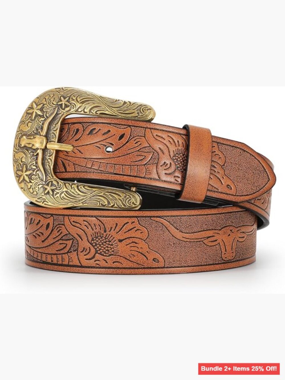 Vintage Western Leather Belt Floral Buckle Adjustable 30-33 Inch Waist